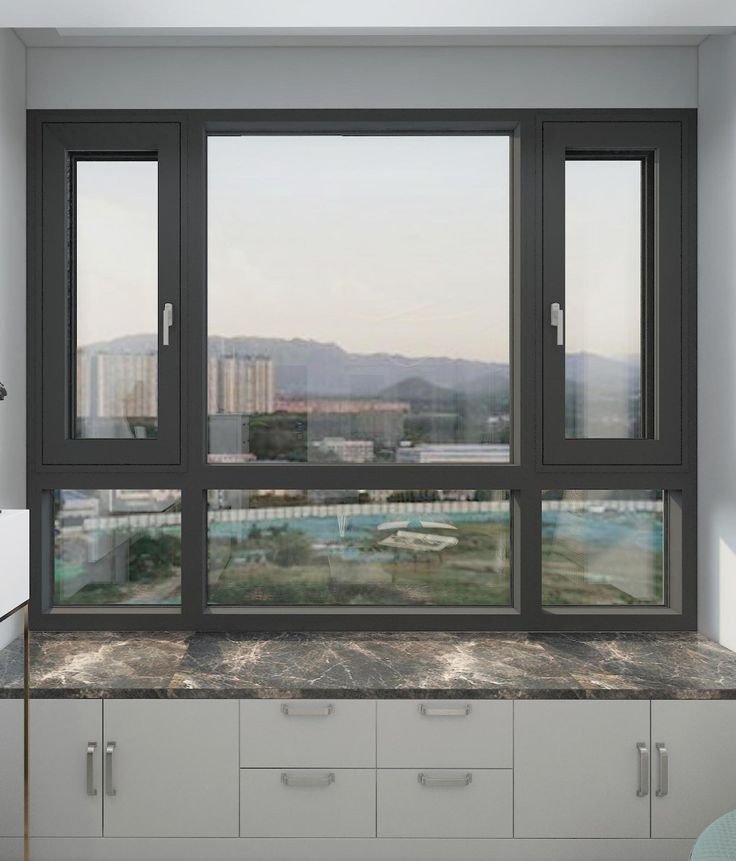 Aluminum Glass Window with Marble Window Sill and Base Wooden Cabinetry
